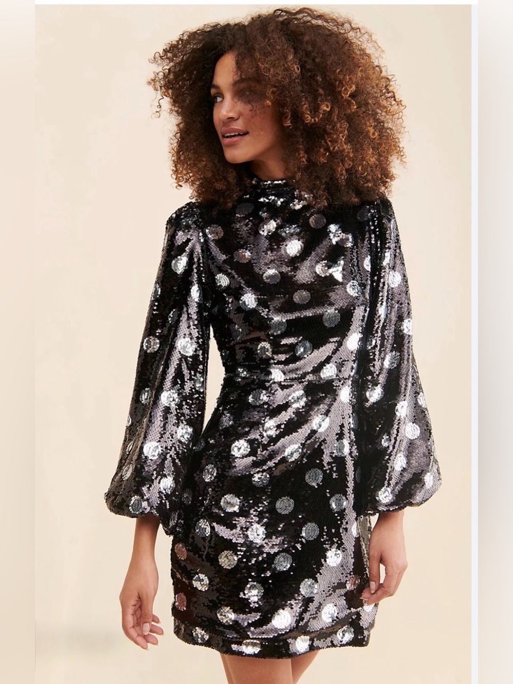 Sister Jane Free People Black Sequin Polka Dot Mini Dress - Mock Neck Puff Sleev
